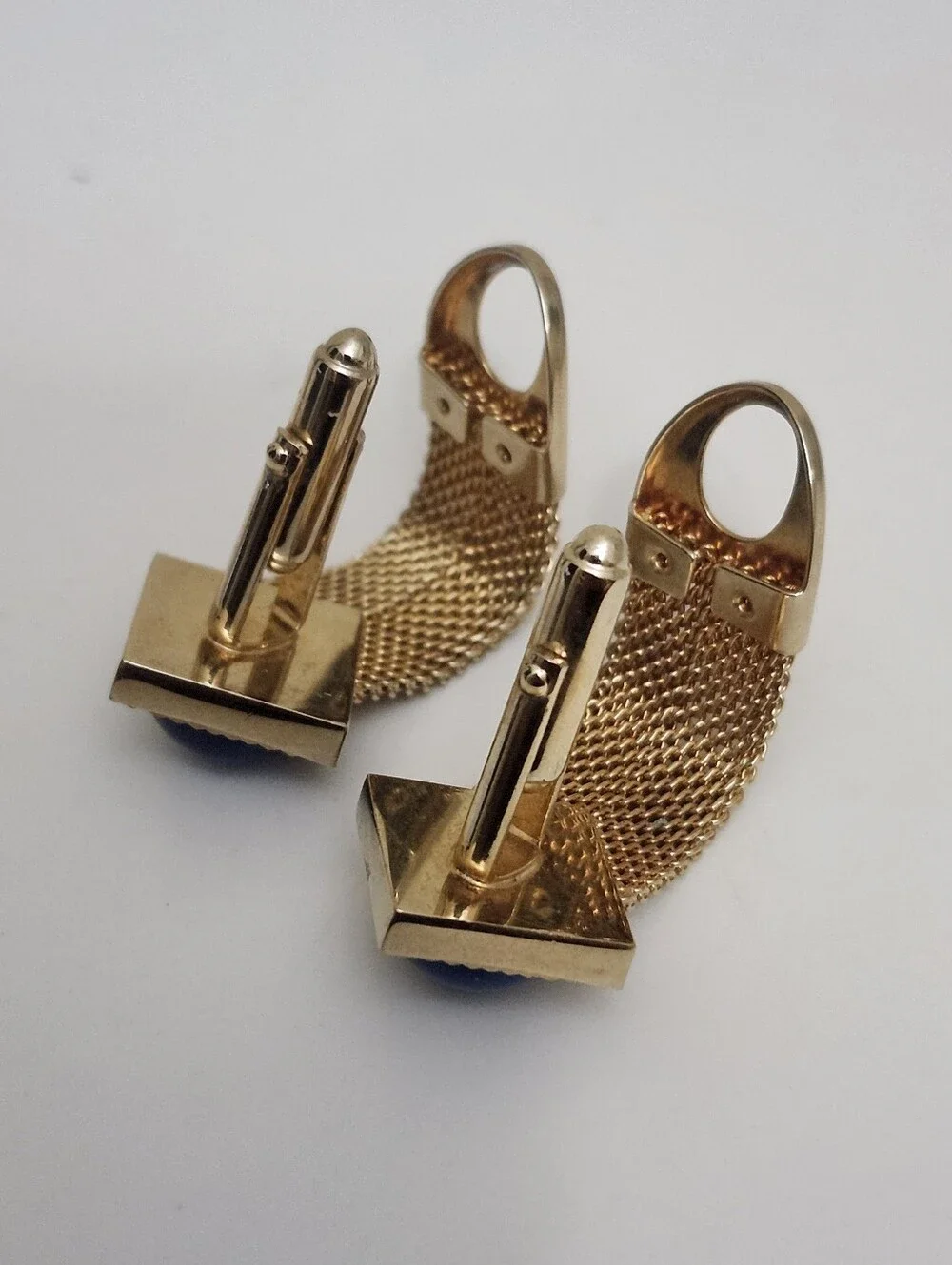 Vintage Gold Tone Mesh Wrap Cufflinks With Blue Stone MCM 1960s